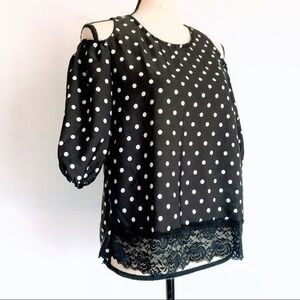 Women Black White Polka Dot Cold Shoulder Top Size M